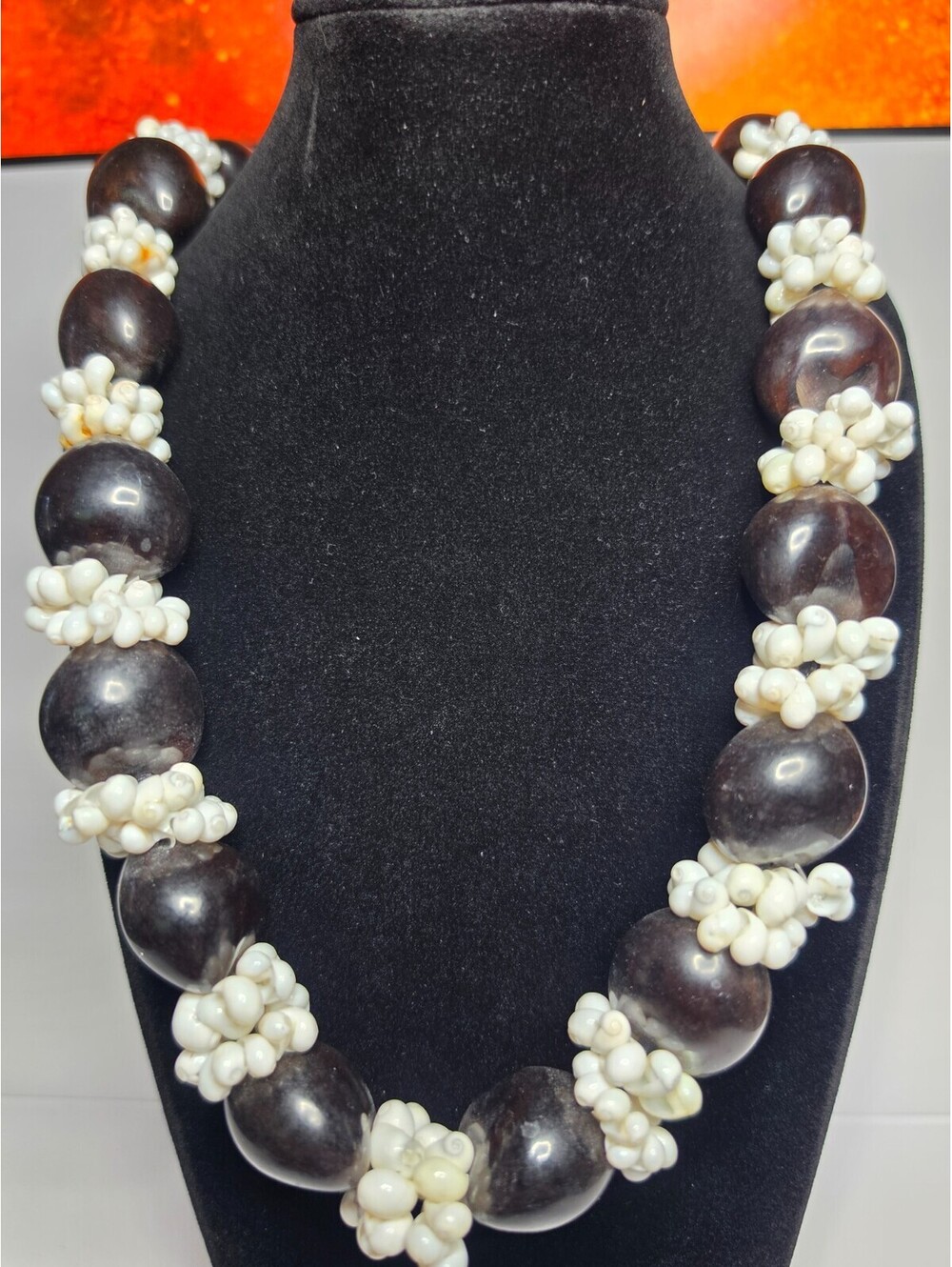 Hawaiian Black Kukui Nut White Mongo Shell Lei Necklace 32"
